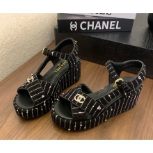 Chanel sandals suede with logo black 2025
