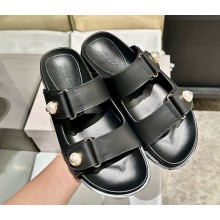 Jimmy Choo Fayence Sandal Black Leather Flat Sandals with Pearl Embellishment black 2025