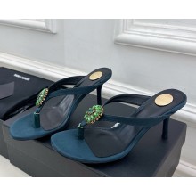 Saint Laurent heel 8cm Otero crystal-embellished satin mules blackish green 2025