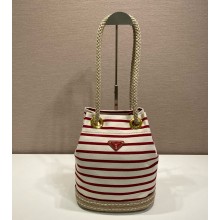 Prada Mariner small striped fabric bucket bag 1BE082 Pomegranate Yellow/Red 2025