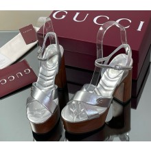 Gucci Women's platform sandal 835313 silver leather heel 13cm 2025