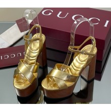 Gucci Women's platform sandal 835313 gold leather heel 13cm 2025