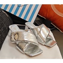 Prada heel 5cm sandal metal leather with Enameled metal triangle logo silver 2025