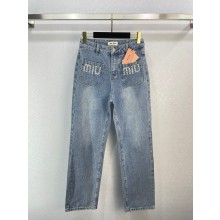 miu miu Denim pants navy with crystal logo 2023
