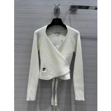 DIOR WHITE Wool Ribbed Knit Wrap-over Sweater 2023