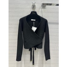DIOR Black Wool Ribbed Knit Wrap-over Sweater 2023
