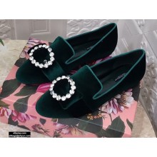 Dolce & Gabbana Velvet Crystals Loafers Slippers Dark Green 2021