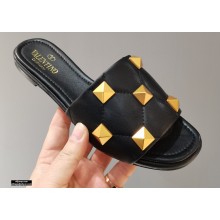 Valentino Quilted Calfskin Roman Stud Slide Sandals Black 2021