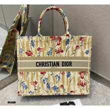 Dior Book Tote Bag in Beige Multicolor Hibiscus Metallic Thread Embroidery 2021