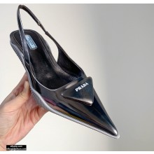Prada Gabardine Slingback Pumps Metallic Silver with Triangle Logo 2021