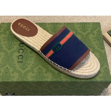 Gucci Interlocking G and Web Embroidered Canvas Espadrilles Slides Dark Blue 2021