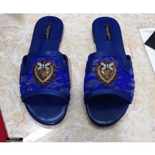Dolce & Gabbana Lace Sliders Blue with Devotion Heart 2021