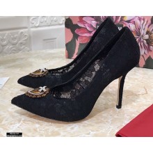 Dolce & Gabbana Heel 10.5cm Taormina Lace Pumps Black with Devotion Heart 2021