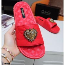 Dolce & Gabbana Matelassé Leather Beachwear Sliders Red with Devotion Heart 2021