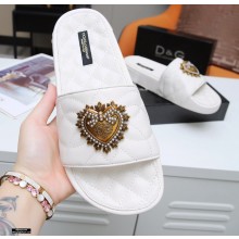 Dolce & Gabbana Matelassé Leather Beachwear Sliders White with Devotion Heart 2021