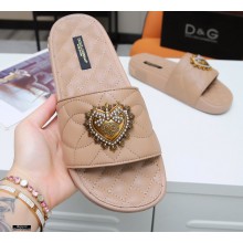 Dolce & Gabbana Matelassé Leather Beachwear Sliders Nude with Devotion Heart 2021