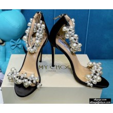 Jimmy Choo Heel 10cm Maisel Sandals Satin Black with Pearl Embellishment 2021