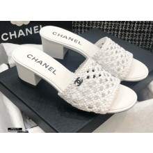 Chanel Shiny Braided Goatskin Heel Mules G37405 White 2021