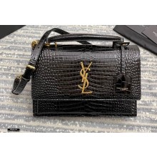Saint Laurent Medium Sunset Satchel Bag in Leather 634723 Crocodile Embossed Black