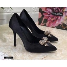 Dolce & Gabbana Heel 10.5cm Satin Pumps Black with Crystal Bow 2021