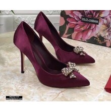 Dolce & Gabbana Heel 10.5cm Satin Pumps Burgundy with Crystal Bow 2021