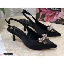 Dolce & Gabbana Heel 6.5cm Satin Slingbacks Black with Crystal Bow 2021