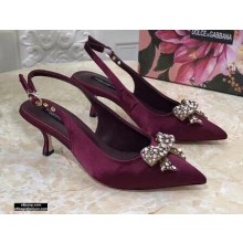 Dolce & Gabbana Heel 6.5cm Satin Slingbacks Burgundy with Crystal Bow 2021