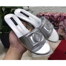 Dolce & Gabbana Calfskin Flat Sliders Silver With DG Millennials Logo 2021