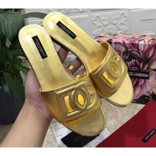 Dolce & Gabbana Calfskin Flat Sliders Gold With DG Millennials Logo 2021