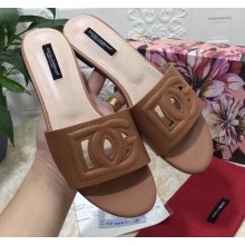 Dolce & Gabbana Calfskin Flat Sliders Brown With DG Millennials Logo 2021