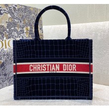 Dior Small Book Tote Bag in Crocodile-Effect Embroidered Velvet Blue 2021