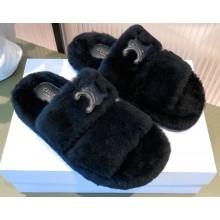 Celine Fur Triomphe Open Slides in Shearling Black 2021