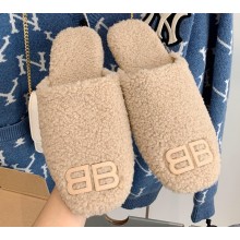 Balenciaga Fake Shearling Cosy BB Mules Beige 2021