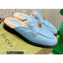 Gucci Shearling Merino Lining Chevron Leather Slippers with Double G 670400 Blue 2021