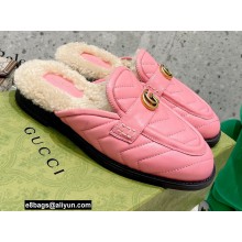 Gucci Shearling Merino Lining Chevron Leather Slippers with Double G 670400 Pink 2021