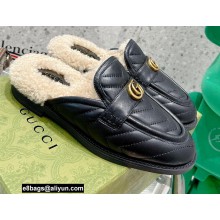 Gucci Shearling Merino Lining Chevron Leather Slippers with Double G 670400 Black 2021