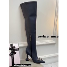 Amina Muaddi Heel 9.5cm Leather Thigh-High Boots Gray with Crystal Bow 2021