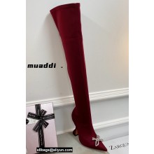 Amina Muaddi Heel 9.5cm Leather Thigh-High Boots Dark Red with Crystal Bow 2021