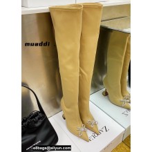 Amina Muaddi Heel 9.5cm Leather Thigh-High Boots Apricot with Crystal Bow 2021