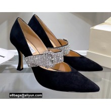 Jimmy Choo Heel 8.5cm KARI Suede Pumps Black with Crystal-Embellished Strap 2021