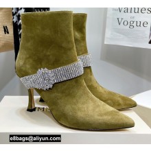 Jimmy Choo Heel 8.5cm KAZA Suede Booties Boots Olive Green with Crystal-Embellished Strap 2021