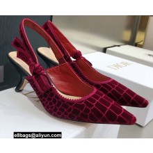Dior Heel 6.5cm J'Adior Slingback Pumps Crocodile-Effect Embroidered Velvet Red 2021