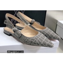 Dior J'Adior Slingback Ballerina Flats Crocodile-Effect Embroidered Velvet Gray 2021
