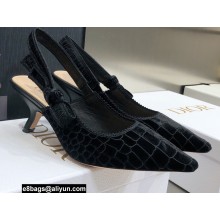 Dior Heel 6.5cm J'Adior Slingback Pumps Crocodile-Effect Embroidered Velvet Black 2021