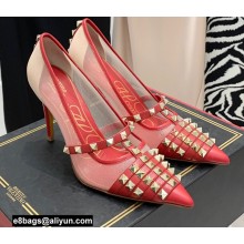 Valentino Heel 10cm Rockstud Alcove Pumps in Mesh and Leather Red 2021