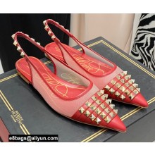Valentino Rockstud Alcove Slingback Flats in Mesh and Leather Red 2021
