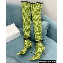 Balmain Heel 9.5cm Raven Thigh-high Boots Knit Green with Monogram Strap 2021