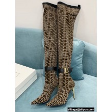 Balmain Heel 9.5cm Raven Thigh-high Boots Knit Brown with Monogram Strap 2021