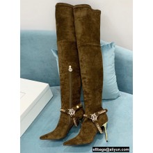 Balmain Okt Chain Detail Thigh-high Boots Suede Khaki 2021