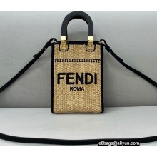 Fendi Mini Sunshine Shopper Bag Braided Straw Black 2021